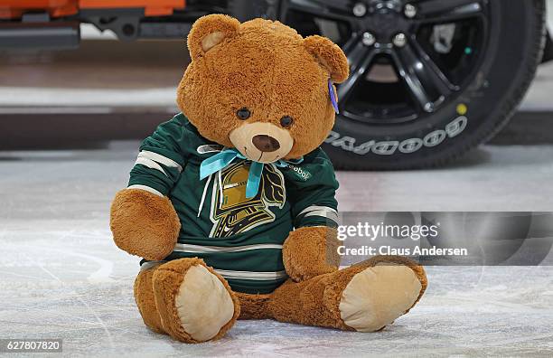 London Knights bear sits on the ice during the Teddy Bear toss game against the Flint Firebirds during OHL action at Budweiser Gardens on December 4,...