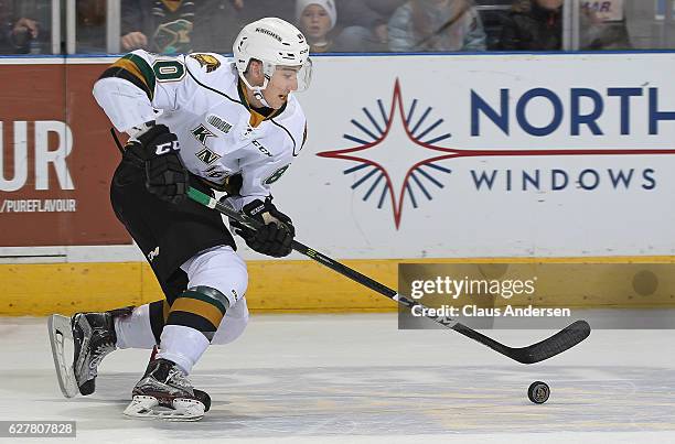 Alex Formenton of the LOndon Knights skates with the puck against the Flint Firebirds during an OHL game at Budweiser Gardens on December 4, 2016 in...