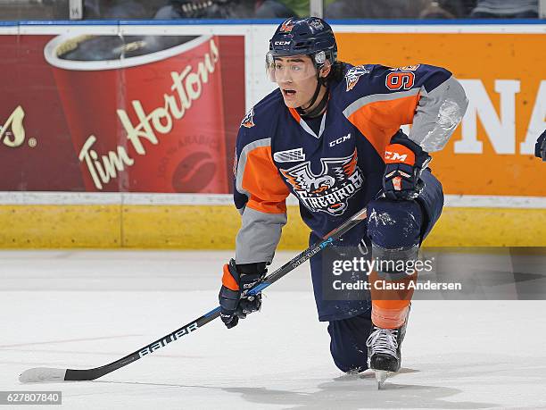 Kole Sherwood of the Flint Firebirds gets back on his skates after being knocked down against the London Knights during an OHL game at Budweiser...