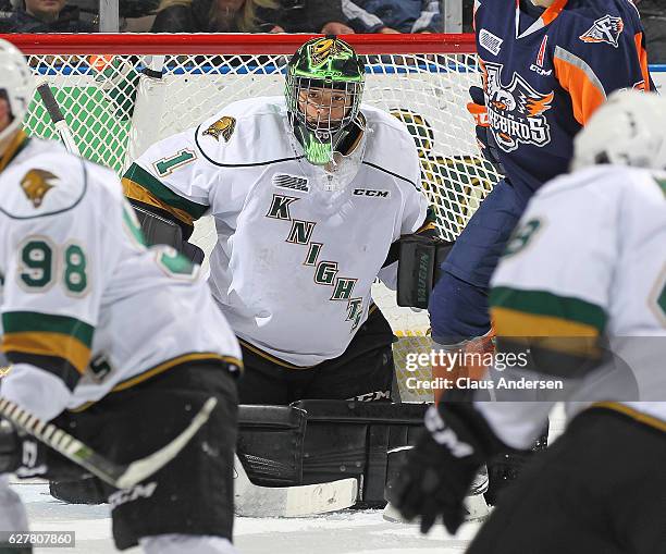 Tyler Parsons of the London Knights gets set to face a shot against the Flint Firebirds during an OHL game at Budweiser Gardens on December 4, 2016...