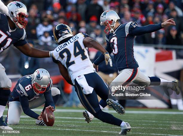 Patriots placekicker Stephen Gostkowski , strides into a 48 yard field goal in the third quarter that put New England ahead 20-3. Ryan Allen is the...