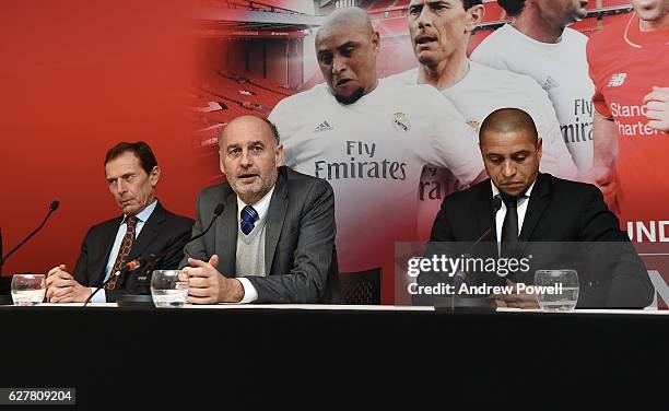 Emilio Butragueno, Ricardo Gallego and Roberto Carlos during a 'Liverpool and Real Madrid Legends' Press Conference at Anfield on December 5, 2016 in...