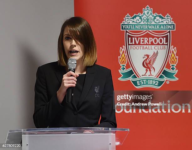 Claire Rourke presenter of LFC TV during a 'Liverpool and Real Madrid Legends' Press Conference at Anfield on December 5, 2016 in Liverpool, England.