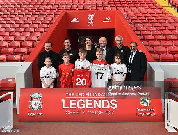 Robbie Fowler, Ian Rush, Emilio Butragueno, Ricardo Gallego, Roberto Carlos and Andrea Cooper Head of Liverpool FC Foundation at Anfield on December...