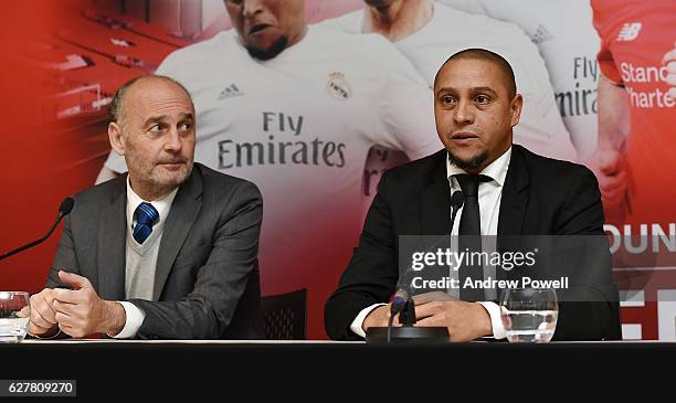 Ricardo Gallego and Roberto Carlos during a 'Liverpool and Real Madrid Legends' Press Conference at Anfield on December 5, 2016 in Liverpool, England.