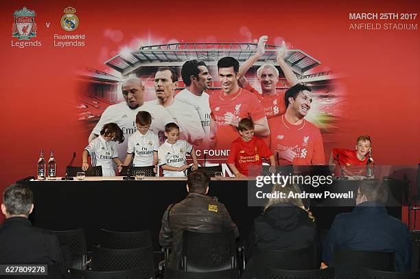 Children representing 'Legends of Liverpool and Real Madrid' during a 'Liverpool and Real Madrid Legends' Press Conference at Anfield on December 5,...