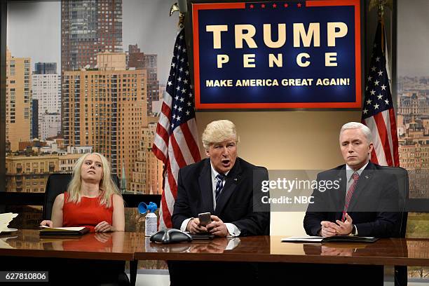 Emma Stone" Episode 1712 -- Pictured: Kate McKinnon as Kellyanne Conway, Alec Baldwin as Donald Trump, and Beck Bennett as Mike Pence during the...