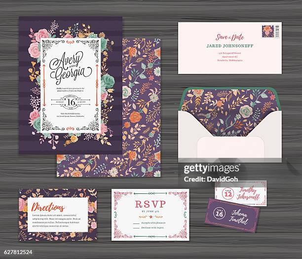 floral wedding invitation template set - wedding invitation stock illustrations