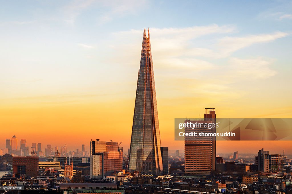 City skyline of London at sunset