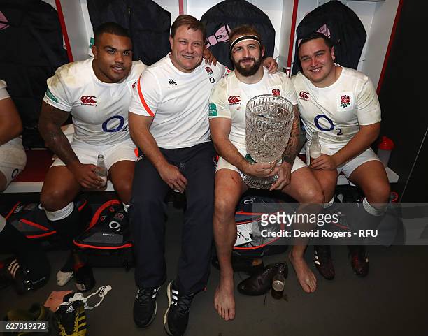 Kyle Sinckler, Neal Hatley, scrum coach, Joe Marler and Jamie George of England celebrate after their victory during the Old Mutual Wealth Series...