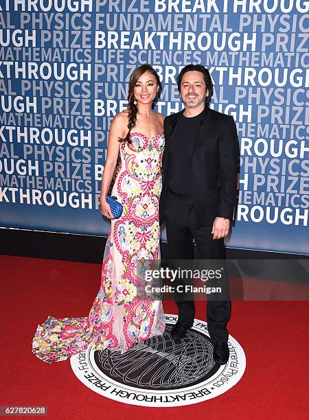 Breakthrough Prize Co-founder and Co-founder of Google, Sergey Brin and Nicole Shannahan attend the 2017 Breakthrough Prize at NASA Ames Research...