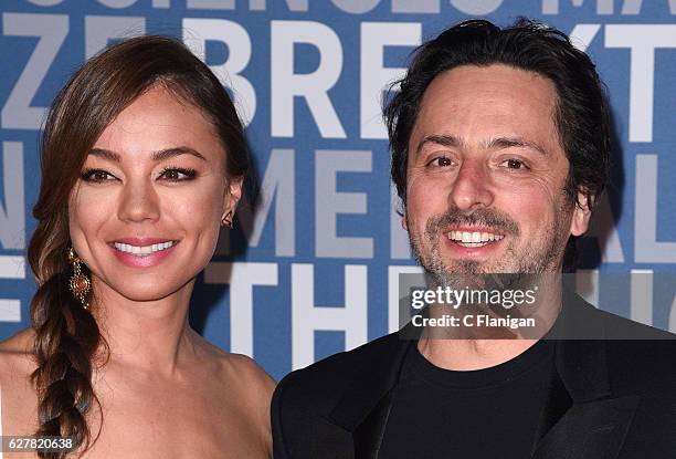 Breakthrough Prize Co-founder and Co-founder of Google, Sergey Brin and Nicole Shannahan attend the 2017 Breakthrough Prize at NASA Ames Research...