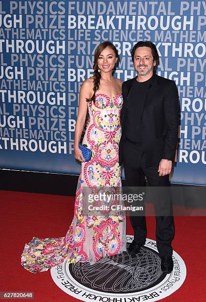 Breakthrough Prize Co-founder and Co-founder of Google, Sergey Brin and Nicole Shannahan attend the 2017 Breakthrough Prize at NASA Ames Research...