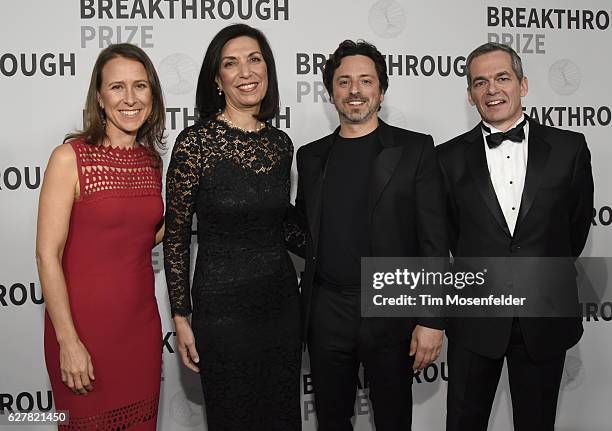 Anne Wojcicki, Huda Zoghbi, Sergey Brin, and Joseph Polchinski attends the 5th Annual Breakthrough Prize Ceremony at NASA Ames Research Center on...