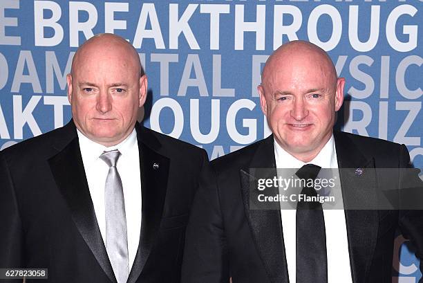 Former NASA Astronauts Scott Kelly and Mark Kelly attend the 2017 Breakthrough Prize at NASA Ames Research Center on December 4, 2016 in Mountain...