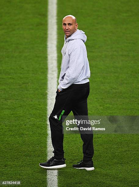 Andre Schubert head coach of Borussia Moenchengladbach walks on the pitch during a VfL Borussia Moenchengladbach training session on the eve of their...