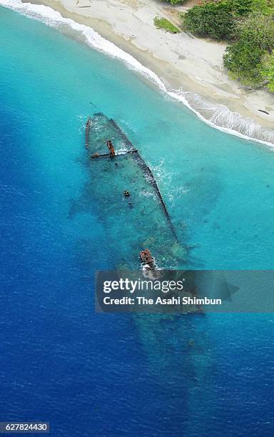 In this aerial image, debris of the Japanese Imperial Navy transport vessel Kinugawa Maru lies at Tassafaronga beach on August 31, 2016 in...