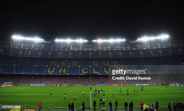 General view as players perform drills during a VfL Borussia Moenchengladbach training session on the eve of their UEFA Champions League match...