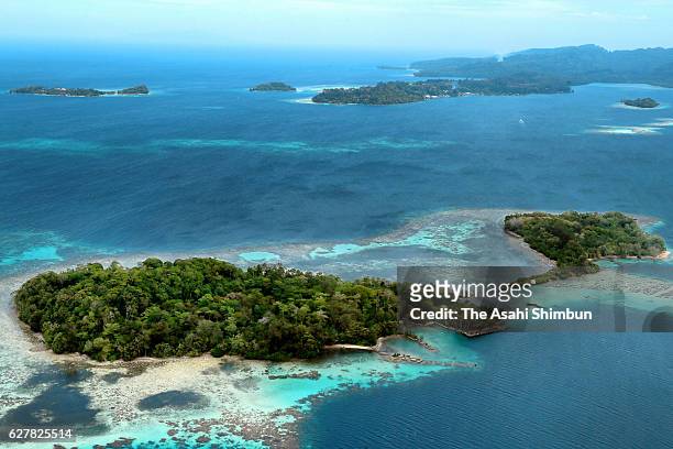 In this aerial image, a pier used by the Imperial Japanese Navy remain on August 31, 2016 in Gavutu Island, Solomon Islands. The war was opened up 75...