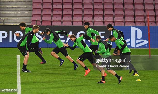 Players perform drills during a VfL Borussia Moenchengladbach training session on the eve of their UEFA Champions League match against FC Barcelona...