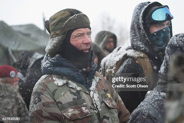 Military veterans are briefed on cold-weather safety issues and their overall role at Oceti Sakowin Camp on the edge of the Standing Rock Sioux...