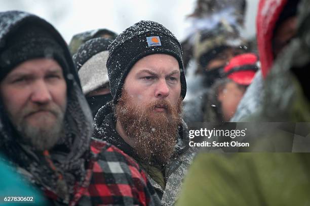 Military veterans are briefed on cold-weather safety issues and their overall role at Oceti Sakowin Camp on the edge of the Standing Rock Sioux...