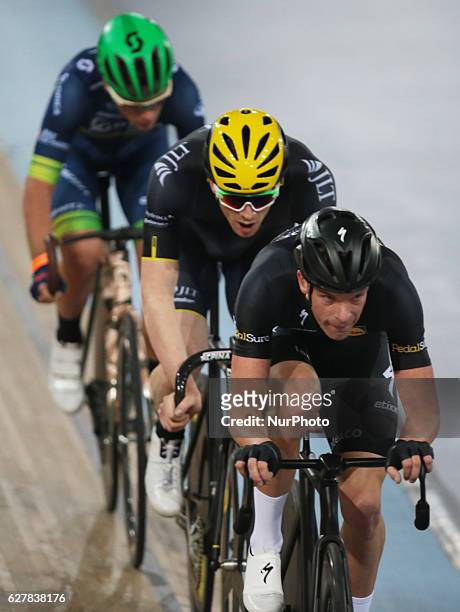 Iljo Keisse of Team PedalSure Ed Clancy of JLT Condor Scratch Race during Revolution Cycling Men's Elite Championship Champions League Event at the...