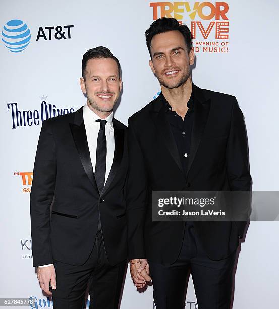 Actors Jason Landau and Cheyenne Jackson attend the TrevorLIVE Los Angeles 2016 fundraiser at The Beverly Hilton Hotel on December 4, 2016 in Beverly...