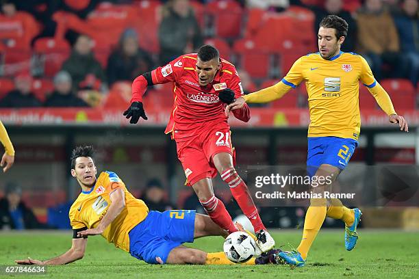 Marcel Correia, Collin Quaner of 1 FC Union Berlin and Patrick Schoenfeld of Eintracht Braunschweig during the game between dem 1 FC Union Berlin and...