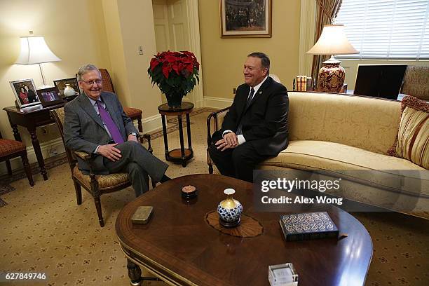 Senate Majority Leader Mitch McConnell meets in his office with Rep. Mike Pompeo December 5, 2016 at the Capitol in Washington, DC. President-elect...