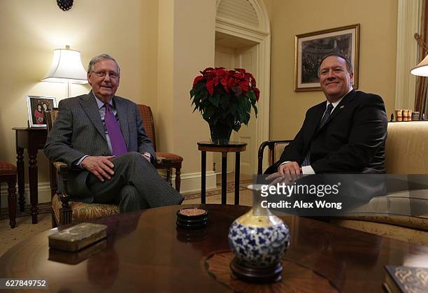 Senate Majority Leader Mitch McConnell meets in his office with Rep. Mike Pompeo December 5, 2016 at the Capitol in Washington, DC. President-elect...