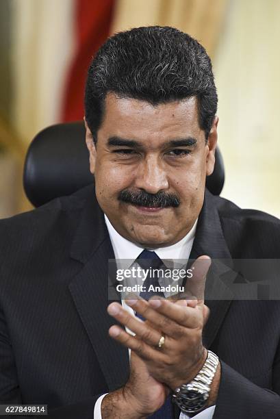 Venezuelan President Nicolas Maduro is seen during a meeting with Trinidad and Tobago Prime Minister Keith Rowley at Miraflores presidential palace...