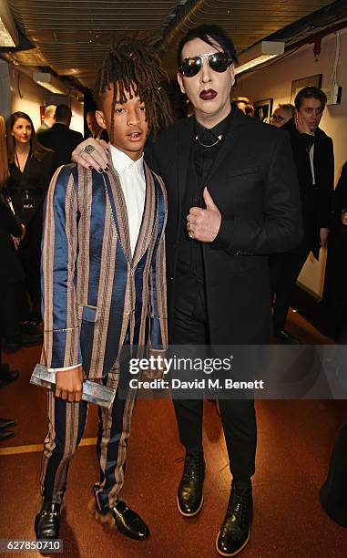 Jaden Smith, winner of the New Fashion Icons award, and Marilyn Manson pose backstage at The Fashion Awards 2016 at Royal Albert Hall on December 5,...