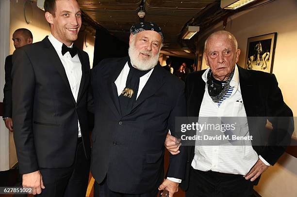 James Jagger, Bruce Weber, winner of the Isabella Blow Award for Fashion Creator, and David Bailey pose backstage at The Fashion Awards 2016 at Royal...