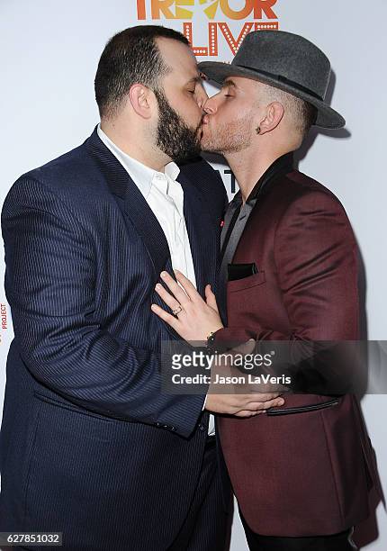 Daniel Franzese and Joseph Bradley attend the TrevorLIVE Los Angeles 2016 fundraiser at The Beverly Hilton Hotel on December 4, 2016 in Beverly...