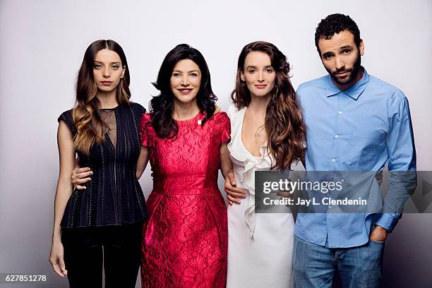 Actress Angela Sarafyan, actress Shohreh Aghdashloo, actress Charlotte Le Bon, and Marwan Kenzari from the film "The Promise," pose for a portrait at...