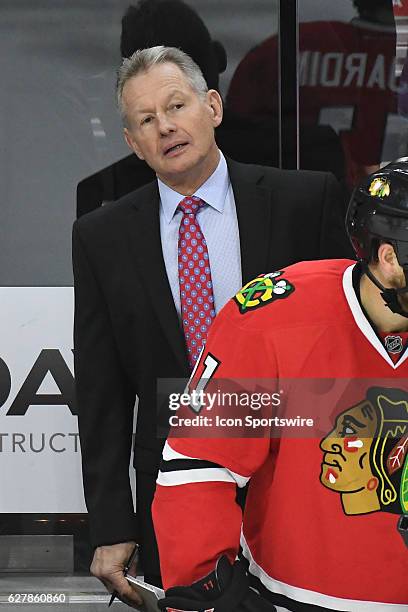 Chicago Blackhawks Assistant Coach Mike Kitchen looks on during a National Hockey League game between the Chicago Blackhawks and the Philadelphia...