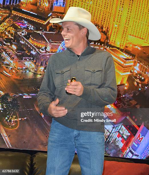 Singer/songwriter Ned LeDoux wins the Golden Boot of the Day Award during the "Outside The Barrel" with Flint Rasmussen show at Rodeo Live during the...