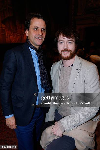 Actors Maxime d'Aboville and Gael Giraudeau attend Franck Ferrand performs in his Show "Histoires" at Theatre Antoine on December 5, 2016 in Paris,...