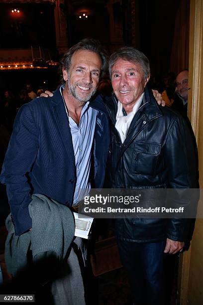 Actor Stephane Freiss and director Francis Veber attend Franck Ferrand performs in his Show "Histoires" at Theatre Antoine on December 5, 2016 in...