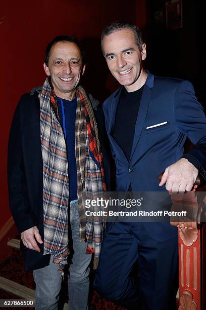 Stage Director of the show Eric Mettayer and Franck Ferrand pose after Franck Ferrand performed in his Show "Histoires" at Theatre Antoine on...