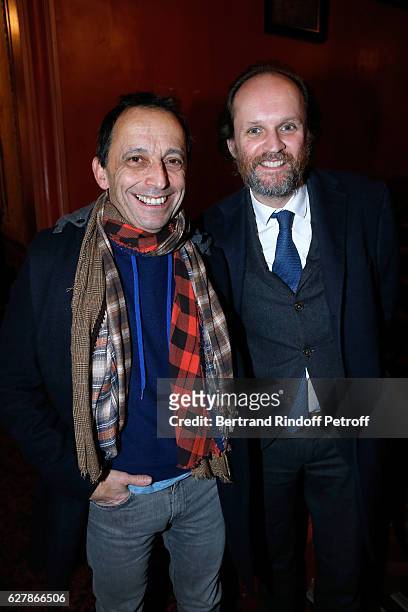 Stage Director of the show Eric Mettayer and Co-owner of the Theater Jean-Marc Dumontet attend Franck Ferrand performs in his Show "Histoires" at...