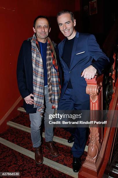 Stage Director of the show Eric Mettayer and Franck Ferrand pose after Franck Ferrand performed in his Show "Histoires" at Theatre Antoine on...