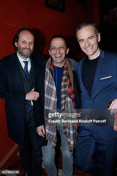 Co-owner of the Theater Jean-Marc Dumontet, Stage Director of the show Eric Mettayer and Franck Ferrand pose after Franck Ferrand performed in his...