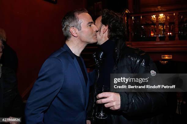 Franck Ferrand and Stephane Bern pose after Franck Ferrand performed in his Show "Histoires" at Theatre Antoine on December 5, 2016 in Paris, France.