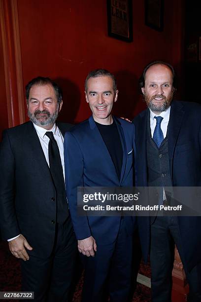 President of Lagardere Active and President of 'Europe 1', Denis Olivennes, Franck Ferrand and Co-owner of the Theater Jean-Marc Dumontet pose after...