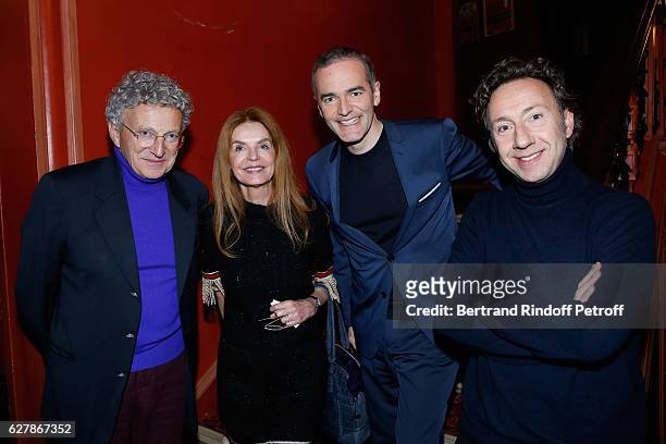 Nelson Monfort, Cyrielle Clair, Franck Ferrand and Stephane Bern pose after Franck Ferrand performed in his Show "Histoires" at Theatre Antoine on...