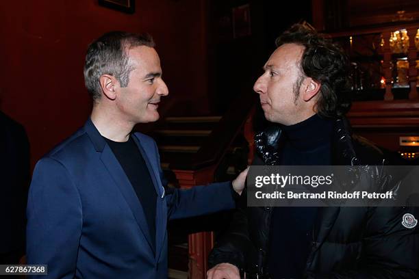 Franck Ferrand and Stephane Bern pose after Franck Ferrand performed in his Show "Histoires" at Theatre Antoine on December 5, 2016 in Paris, France.