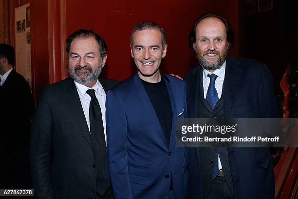 President of Lagardere Active and President of 'Europe 1', Denis Olivennes, Franck Ferrand and Co-owner of the Theater Jean-Marc Dumontet pose after...