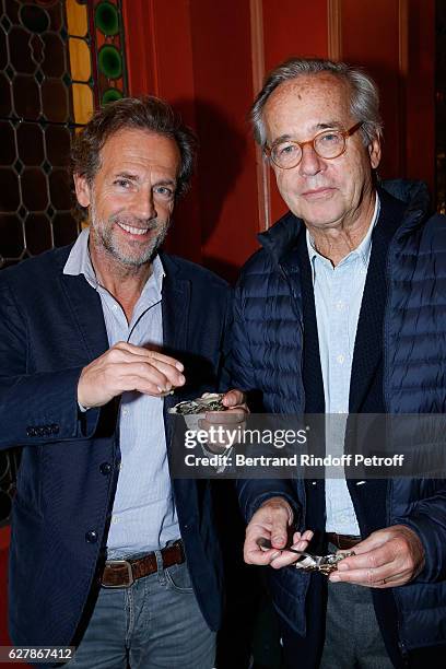 Actor Stephane Freiss and Olivier Orban attend Franck Ferrand performs in his Show "Histoires" at Theatre Antoine on December 5, 2016 in Paris,...